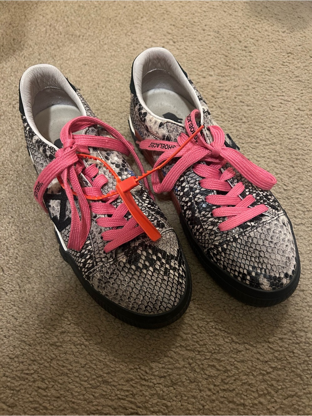 Off-White Snake-Print Sneakers with Pink Laces